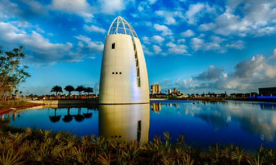 PVDF coatings shift colors from white to pearlescent blue on the Exploration Tower at Port Canaveral